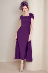 Square Neck Formal Mother of the Bride & Groom Sheath Column Dresses with Bow and Belt