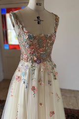 Square Neck Prom Dress A Line Champagne Tulle Sleeveless Formal Dress