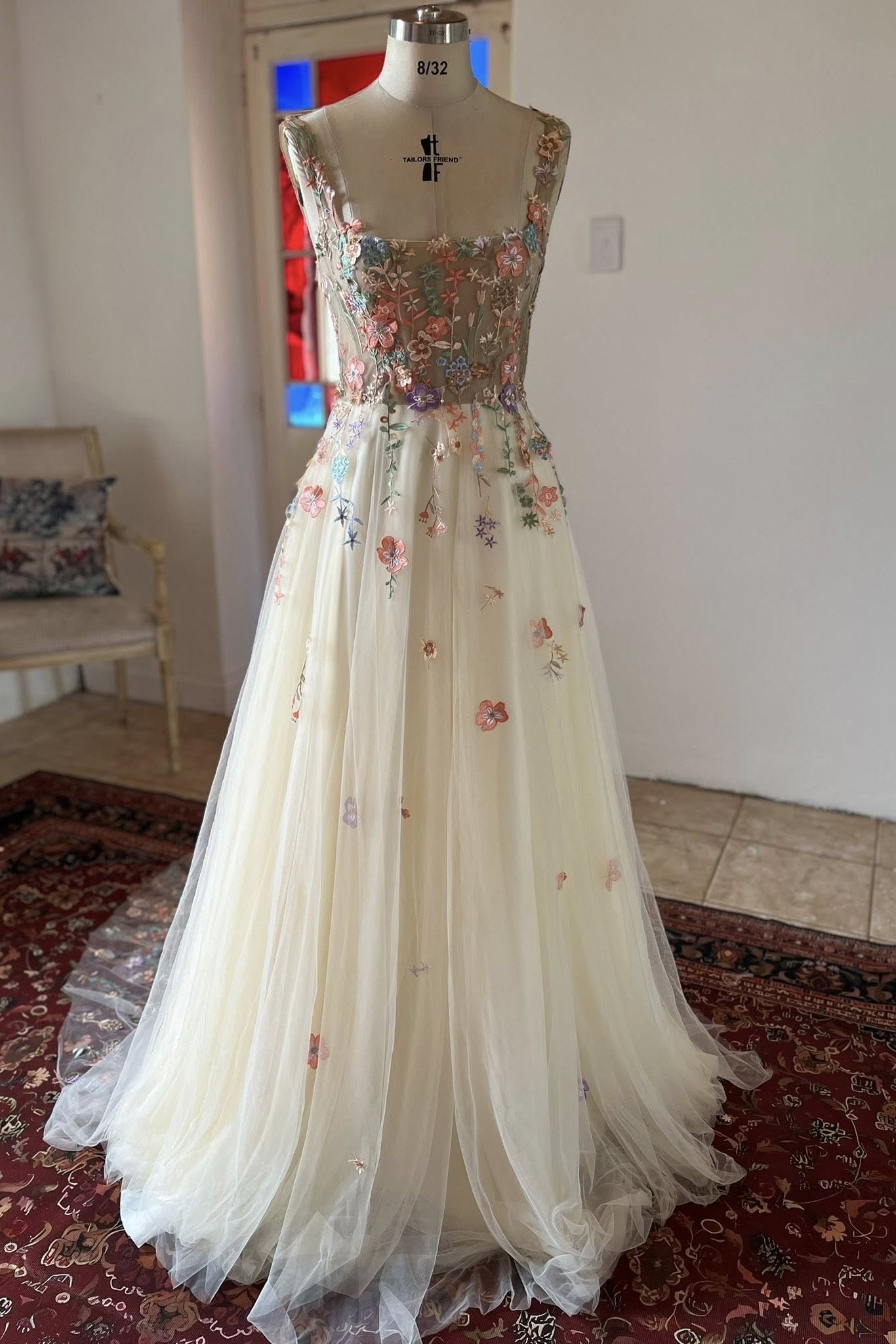 Square Neck Prom Dress A Line Champagne Tulle Sleeveless Formal Dress