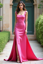 Square Neck Satin A Line Fuchsia Wedding Guest Dress Long Prom Dress