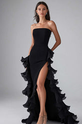 Square Neck Satin Black Wedding Guest Dress Long Formal Dress With Slit