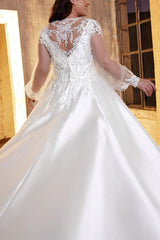 Square Neckline A Line Wedding Dress with Long Sleeves in Lace/Satin