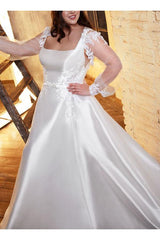 Square Neckline A Line Wedding Dress with Long Sleeves in Lace/Satin