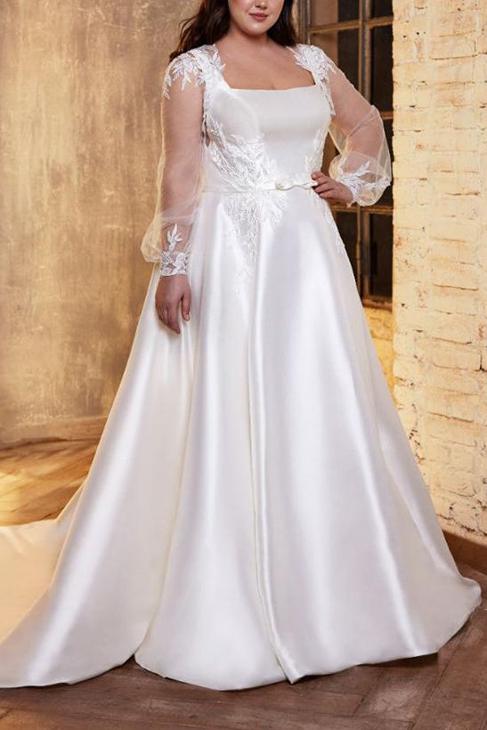 Square Neckline A Line Wedding Dress with Long Sleeves in Lace/Satin