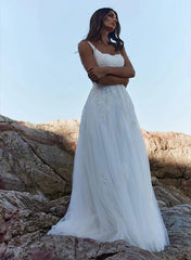 Square Neckline Sleeveless A Line Tulle Wedding Dress With Appliques Lace