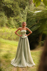 Strapless A Line Formal Dress Beaded Green Corset Prom Dress