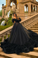 Strapless A Line Formal Dress Tulle Organza Prom Dress with 3D Flowers