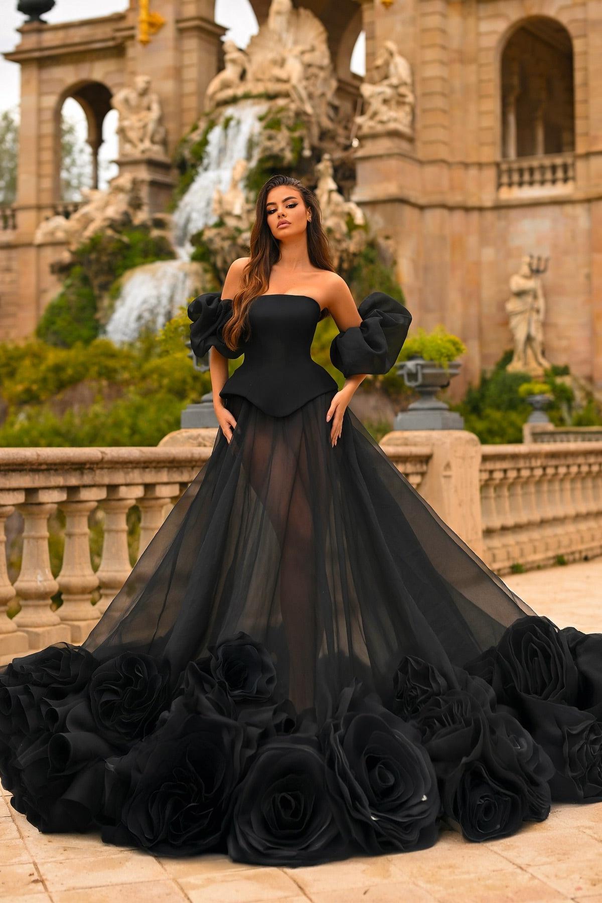 Strapless A Line Formal Dress Tulle Organza Prom Dress with 3D Flowers