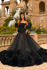 Strapless A Line Formal Dress Tulle Organza Prom Dress with 3D Flowers