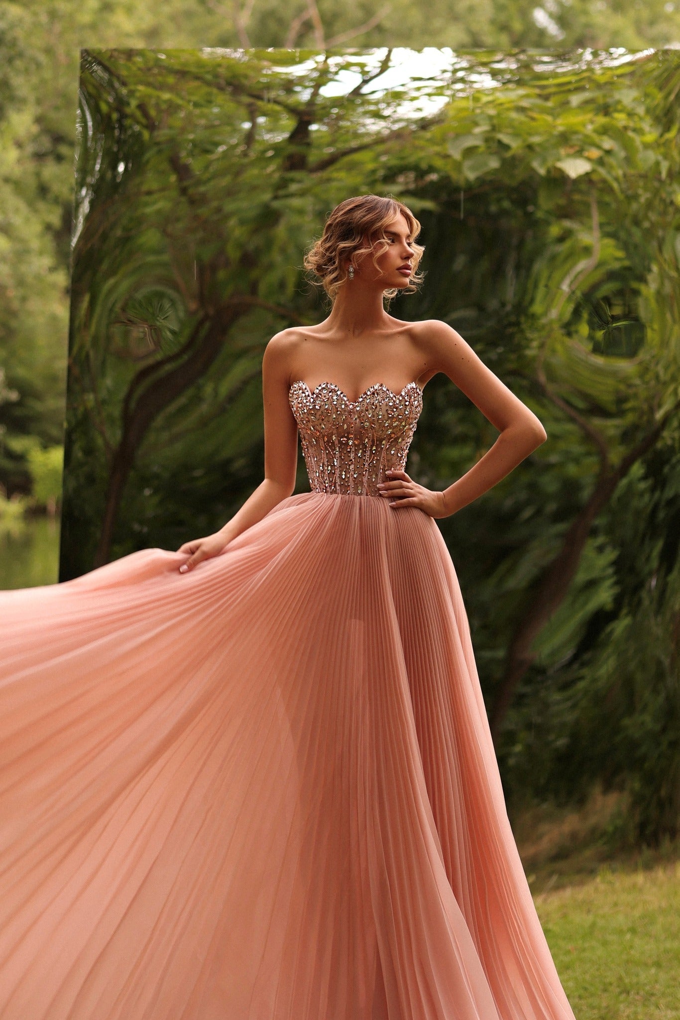 Strapless A Line Prom Dress Beaded Pink Corset Formal Dress