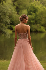 Strapless A Line Prom Dress Beaded Pink Corset Formal Dress