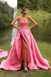 Strapless A Line Prom Dress Satin Pink Formal Dress with Slit