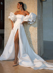 Strapless Ball Gown Wedding Dress With Short Sleeves Satin Court Train and Split Front