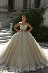 Strapless Beaded Ball Gown Lace Up Cathedral Train Bridal Gown With Appliques