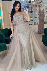 Strapless Beaded Formal Dress Off the Shoulder Evening Gown With Detachable Train