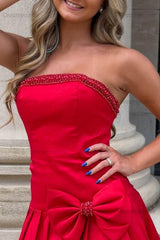 Strapless Beaded Red Short Homecoming Dress with Bow