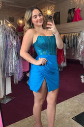 Strapless Blue Homecoming Dress Bodycon Corset Short Prom Dress with Beading
