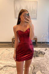 Strapless Burgundy Homecoming Dress Satin Corset Tight Short Prom Dress