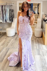 Strapless lilac mermaid prom dress with 3D floral lace bodice and high slit