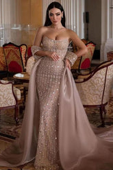 Strapless Formal Dress Beaded Tulle Organza Prom Dress with Panel Train