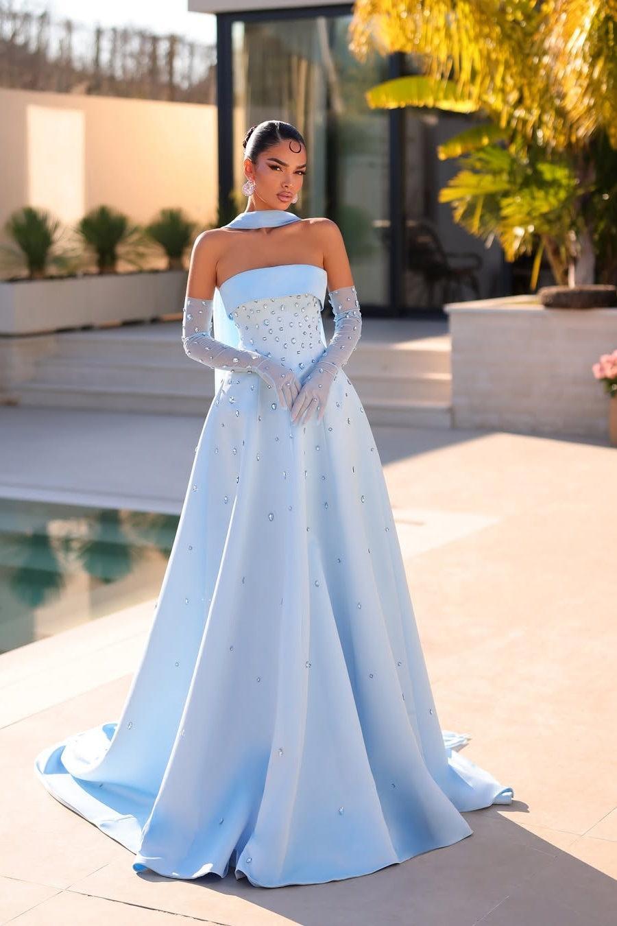 Strapless Formal Dress Light Blue Beaded A Line Prom Evening Dress