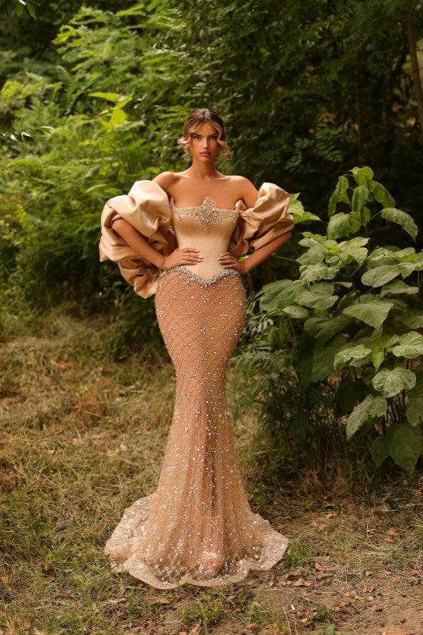 Strapless Formal Dress Mermaid Beaded Evening Gown with Sleeves
