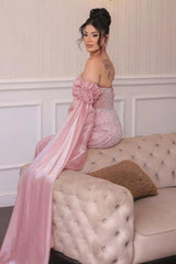 Strapless Formal Dress Pink Sheath/Column Beaded Prom Evening Gown with Sleeve Train