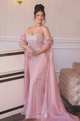 Strapless Formal Dress Pink Sheath/Column Beaded Prom Evening Gown with Sleeve Train