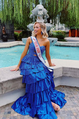 Strapless Hot A-Line Prom Dress With Keyhole Bodice Ruffle Skirt Slit And Lace Up Back Formal Evening Gown