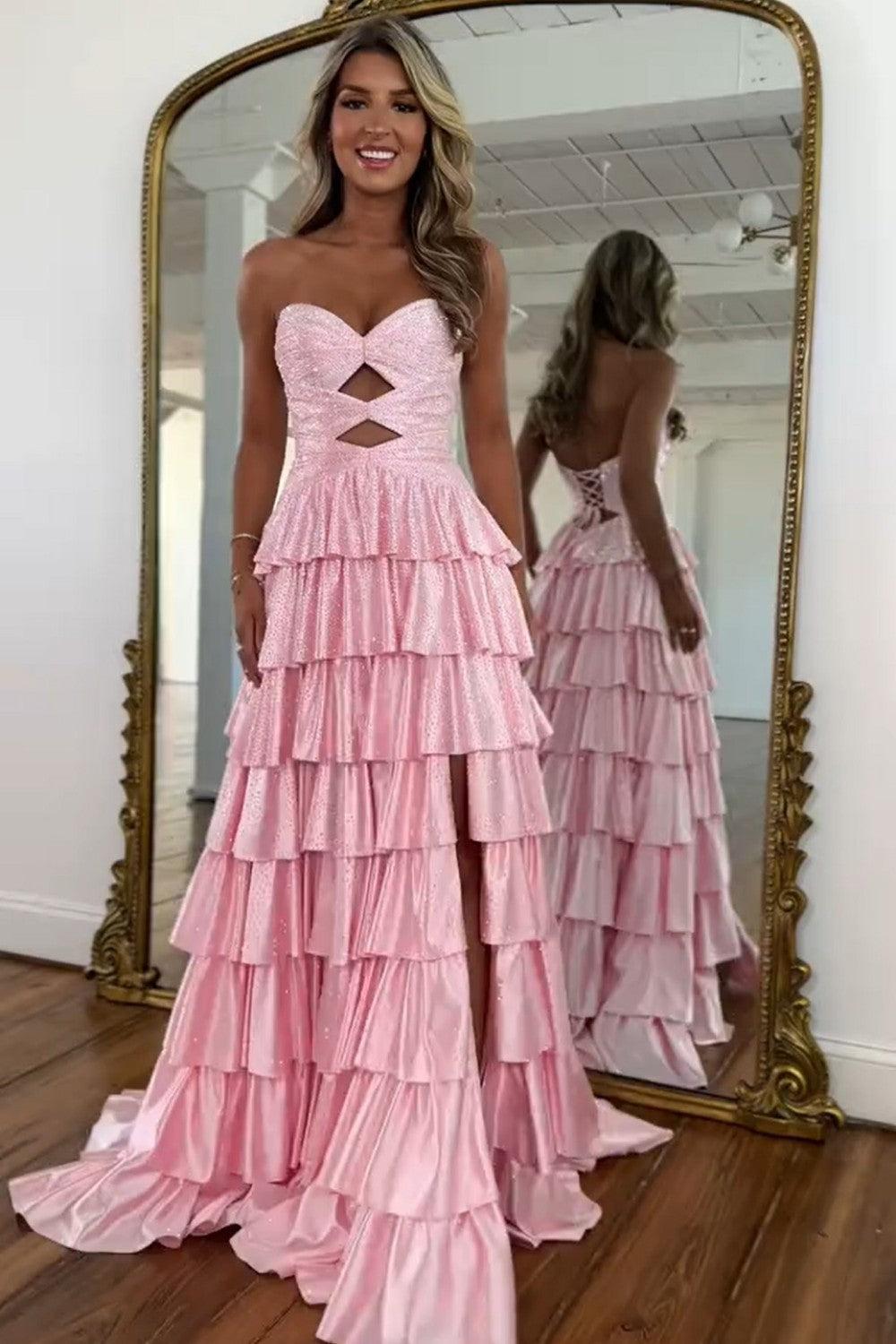 Strapless Hot A-Line Prom Dress With Keyhole Bodice Ruffle Skirt Slit And Lace Up Back Formal Evening Gown