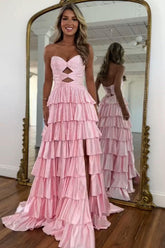 Strapless Hot A-Line Prom Dress With Keyhole Bodice Ruffle Skirt Slit And Lace Up Back Formal Evening Gown