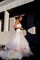 Strapless Light Pink Prom Dress Tulle Long Formal Dress A Line Evening Dress