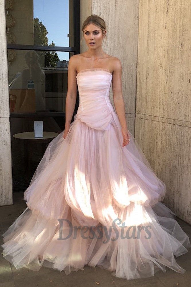 Strapless Light Pink Prom Dress Tulle Long Formal Dress A Line Evening Dress