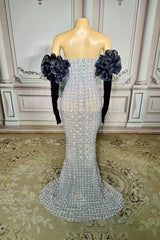 Strapless Mermaid Prom Dress Silver Beaded Evening Dress