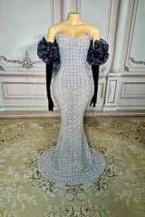 Strapless Mermaid Prom Dress Silver Beaded Evening Dress