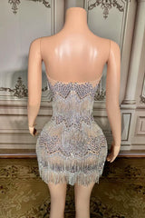 Strapless Mini Homecoming Dress Silver Cocktail 1920s Party Dress with Fringes