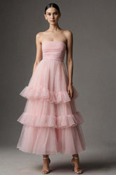Strapless organza tea-length formal dress with pleated bodice and three-tier ruffle skirt, full front view