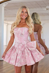 Strapless Pearl-Trimmed Floral Jacquard Short Homecoming Dresses with Side Bow