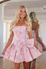 Strapless Pearl-Trimmed Floral Jacquard Short Homecoming Dresses with Side Bow