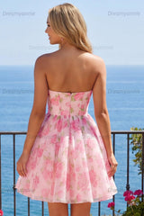 Pink Floral Strapless Corset A-Line Short Homecoming Dress