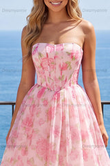 Pink Floral Strapless Corset A-Line Short Homecoming Dress