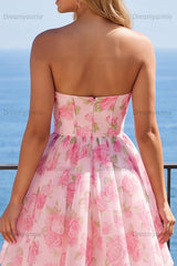 Pink Floral Strapless Corset A-Line Short Homecoming Dress