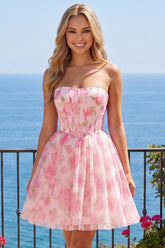 Strapless Pink Floral Corset Short A Line Homecoming Dress
