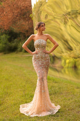 Strapless Prom Dress Mermaid Rhinestones Champagne Formal Dress