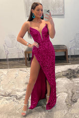 Strapless Prom Dress Sequin Evening Dress with Slit