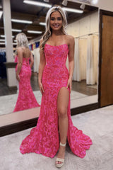 Strapless Prom Dress Sequin Lace Mermaid Evening Dress With Split