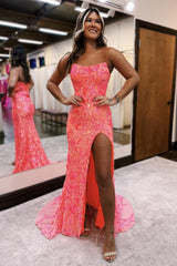 Strapless Prom Dress Sequin Lace Mermaid Formal Dress With Split