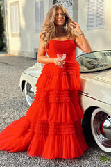 Strapless Prom Dress Tulle Long Tiered Cocktail Dress with Slit