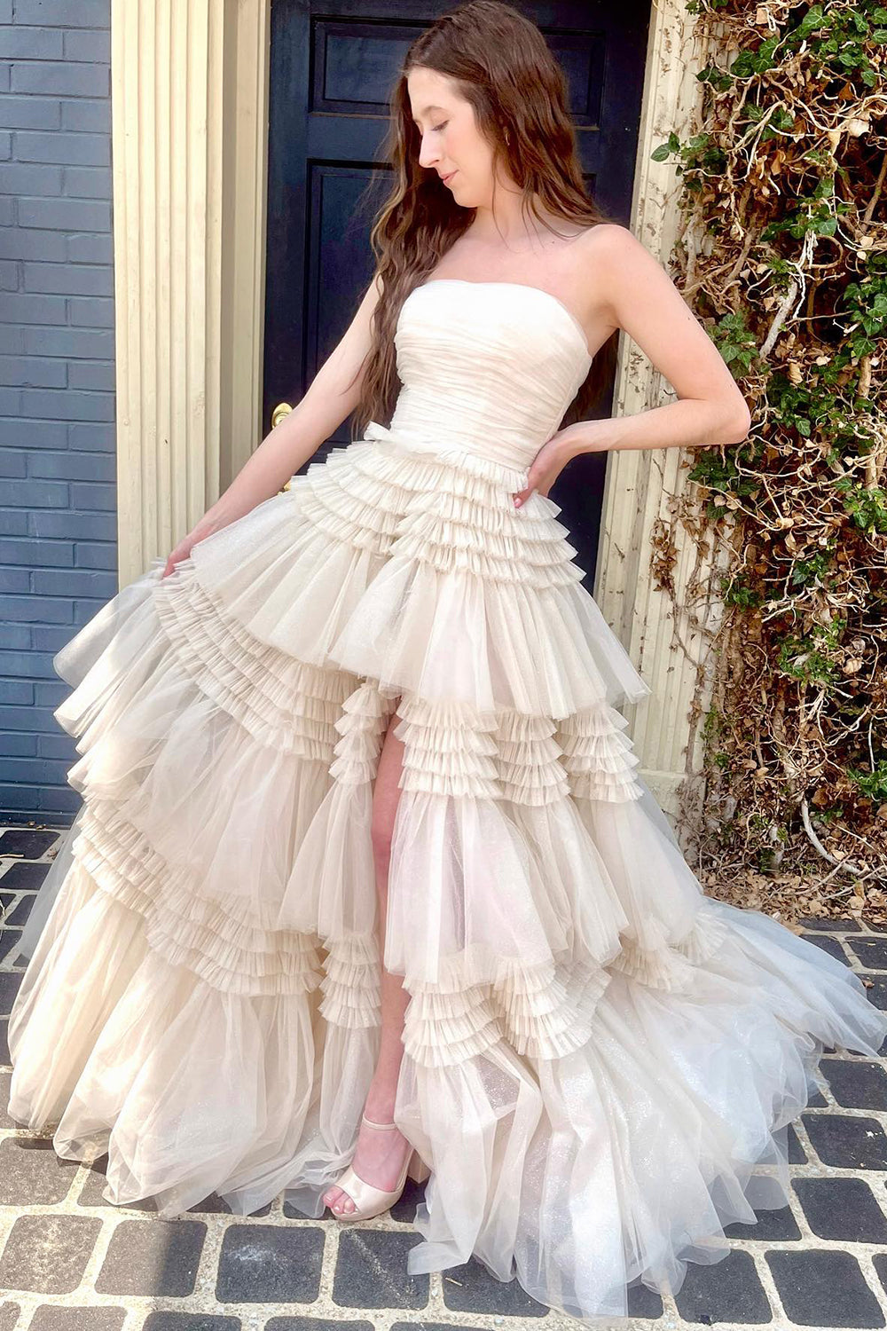 Strapless Prom Dress Tulle Long Tiered Cocktail Dress with Slit