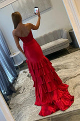 Strapless Red Prom Dress With Beaded Corset Bodice And Tiered Ruffle Skirt Formal Evening Gown